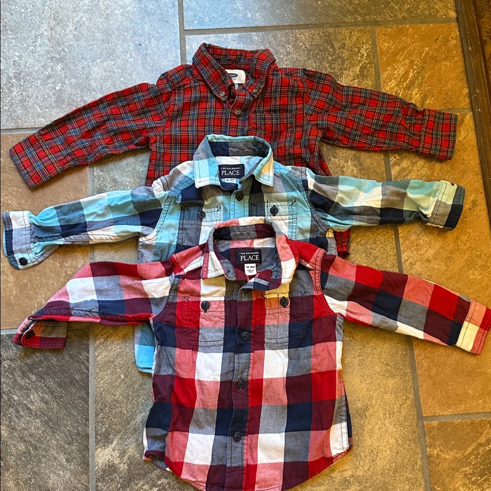 3 toddler boy button down shirts -Old Navy and Children's Place 12-18, 18-24